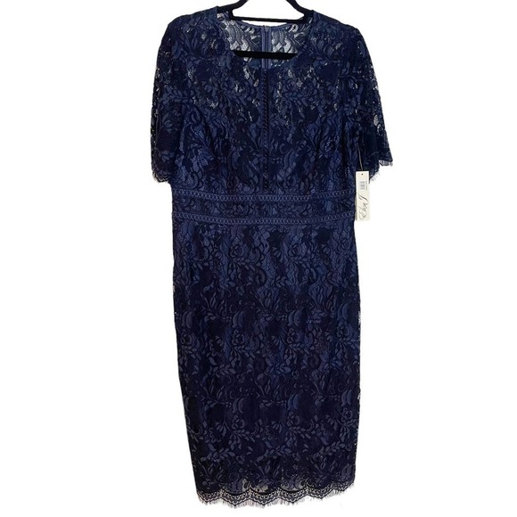 ELIZA J Sheath Elbow Sleeve Trim Detail Dress Navy Size 14 Fits like 12 NWT - Picture 4 of 12